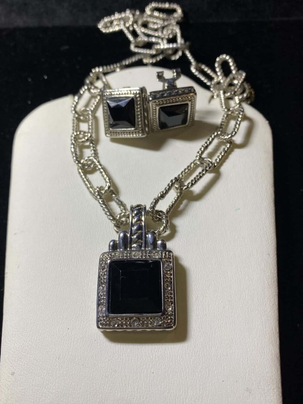 Vintage Bijoux Terner Faux Square Black Onyx Link Necklace Clip on Earring Set